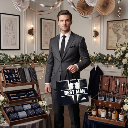 Best Man Gift Bag Set for Men, Groomsmen Gift Proposal Bag with Tissue Paper Card Envelope Sticker for Wedding Groomsman Proposal, Bachelor Party, Groom Squad Invitation, Rehearsal Dinner Thank You Gifts
