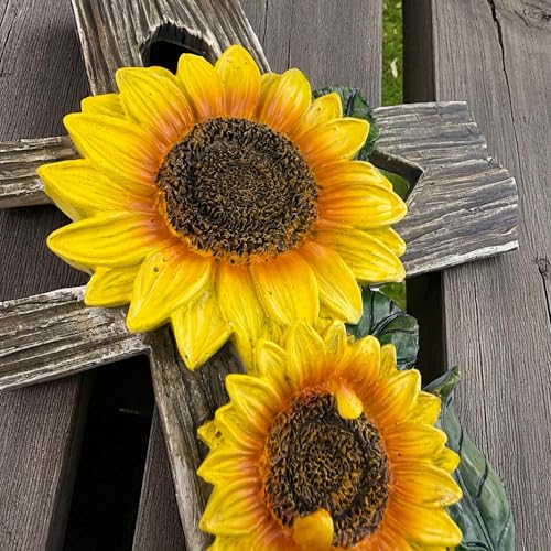 Top Brass Rustic Sunflower Wall Cross – 12” Inspirational Christian Home Décor with Sunflowers & Weathered Wood-Look Finish – Decorative Resin Garden Art
