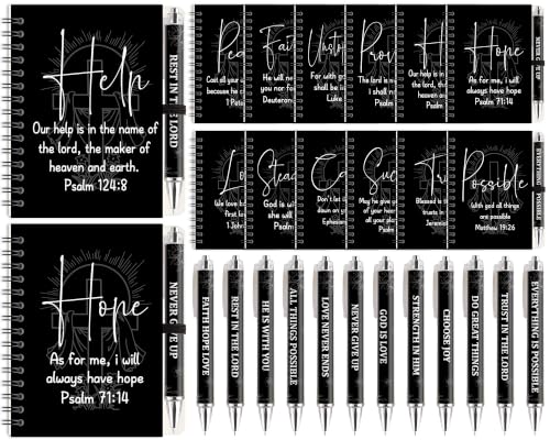 12 Set Christian Spiral Notebooks Bulk with Ballpoint Pen Black Bible Verse Spiral Notebook Ballpoint Pen Christian Gifts Bulk Inspirational Scripture Prayer Notebook Set for Church School Supplies - color: Black Colorful