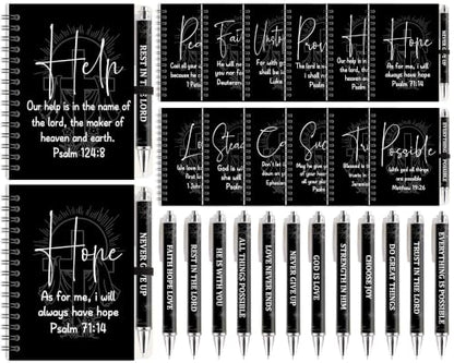 12 Set Christian Spiral Notebooks Bulk with Ballpoint Pen Black Bible Verse Spiral Notebook Ballpoint Pen Christian Gifts Bulk Inspirational Scripture Prayer Notebook Set for Church School Supplies - color: Black Colorful