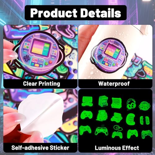 50Pcs Glow in The Dark Neon Game Stickers for Kids, Neon Video Gaming Sticker for Water Bottle, Vinyl Waterproof Laptop Decals for Gamers Teens Adults Sticker Pack - color: Luminescent-488kscp