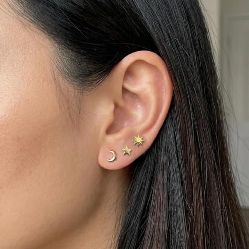 ToHeart 3 Pairs 14K Gold Plated Tiny Stud Earrings Set Gift for Women Men - color: Moon Star Sun - Gold