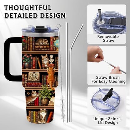 Cat Book Lovers Gifts for Women, 40oz Tumbler with Handle & Straw - color: BookshelfCat-Black