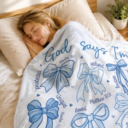 Blue Bow Christian Throw Blanket, Religious Flannel Blanket Gifts - color: Blue Bow