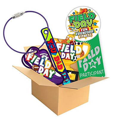 2024 School Field Day 100 Students Pack. Six Items per Student: 1- Ribbon, 1-2.25" Ribbon Topper Sticker, 1- Trophy Brag Tag, 1- Shoe Brag Tag, 1-3D Flexible Brag Stick, & 1- Purple Cable Ring - size: 100 Student Packs