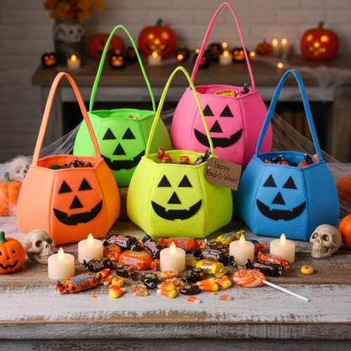 SilTriangle 8 Pcs Pumpkin Trick or Treat Buckets Felt Pastel for Halloween