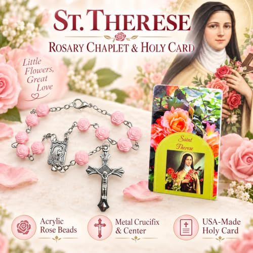 St Therese Rosary with Pink Rose Beads Metal Crucifix & USA Made Holy Card