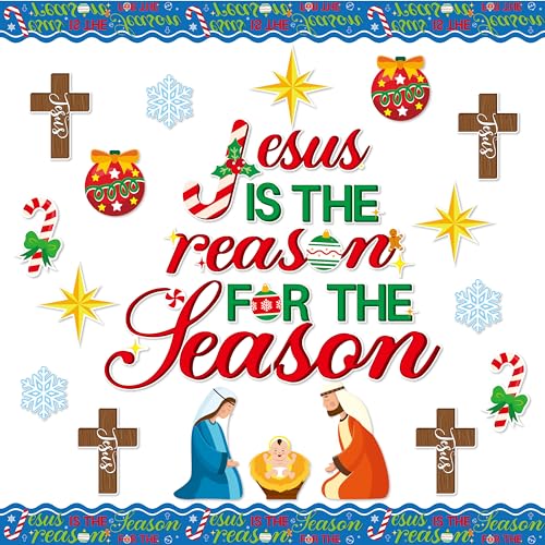 BeYumi 96Pcs Jesus is The Reason for The Season Cutouts Bulletin Board Decoration Set Christmas Nativity Christian Faith Religious Sunday School Classroom Chalkboard Wall Borders Church Winter Decor - style: Jesus is The Reason