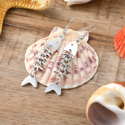 Yuanchu Fish Bone Grunge Earrings for Women, 2 Pair Zinc Alloy Long Cool Earrings Weird Jewelry Fishbone Dangle Earrings Fish Hook Punk Goth Earrings