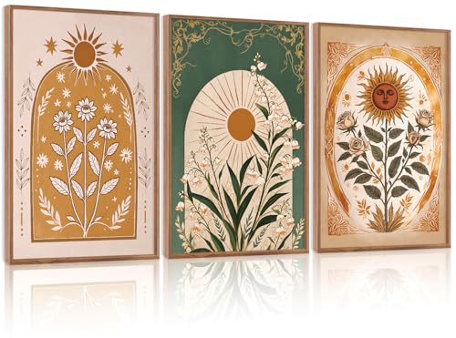 CHDITB Bohemian Floral Framed Canvas Wall Art Set, Nature Inspired Wall Decor, Boho Sun Art Spiritual Wall Painting, VintageArt Flowery Prints for Living Room, Bedroom, Office-Large Size 16"x24"x3 - color: Boho Flower, size: 16"L x 24"W