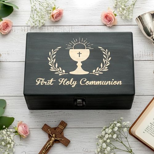 R HORSE First Communion Keepsake Box - Wooden Engraved Baptism Memory Box Gift for Boy Girl, First Holy Communion Gift for Kids Christian Religious Keepsake Organizer for Jewelry Memento Photo Storage - style: First Communion