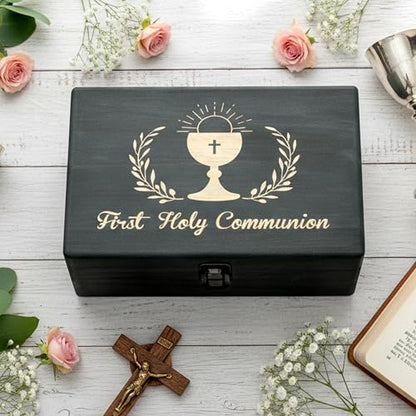 R HORSE First Communion Keepsake Box - Wooden Engraved Baptism Memory Box Gift for Boy Girl, First Holy Communion Gift for Kids Christian Religious Keepsake Organizer for Jewelry Memento Photo Storage - style: First Communion