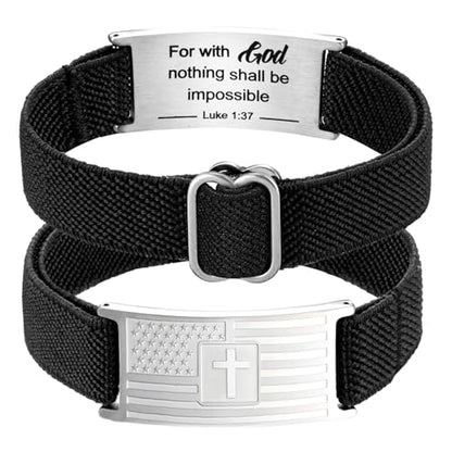 Easter Basket Stuffers - American Flag Cross Bracelet for Boys Men Freedom Adjustable Strap Christian Bracelets Engraved Bible Verses Inspirational Messages Religious Prayer Jewelry Gift Military Patriotic Wristbands - color: Silver, size: Luke 1:37