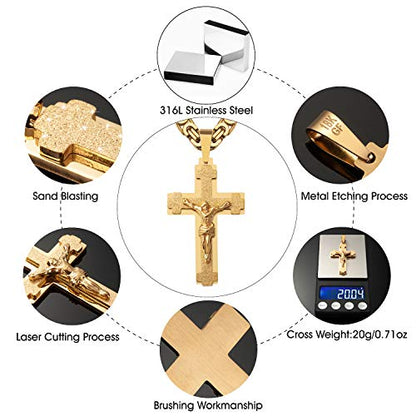 Mens Stainless Steel Silver Gold Jesus Cross Pendant Necklace Chain Bracelet Set Jewelry 45/50/55/60/65/70/75cm - style: Style 01-Color Yellow