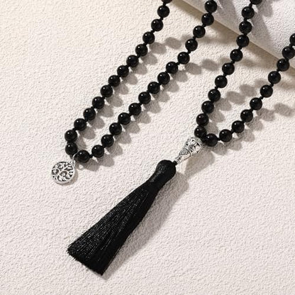 INBLUE 108 Mala Prayer Beads Wrap Necklace with Long Tassel Boho Necklace for Women Amazonite Bead Bracelet with Spiritual Tree of Life Pendant 108 Beads Necklace for Meditation - color: Natural Black Agate