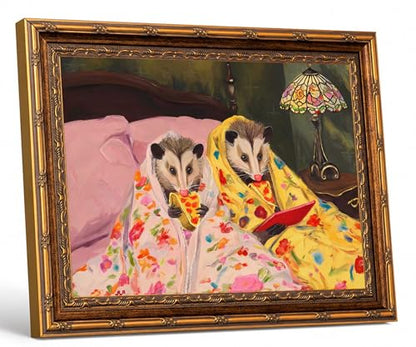 Gold Framed Funny Opossum gifts Wall Art Cute Possum Eating Pizza Print - color: Opossum, size: 8"L x 10"W