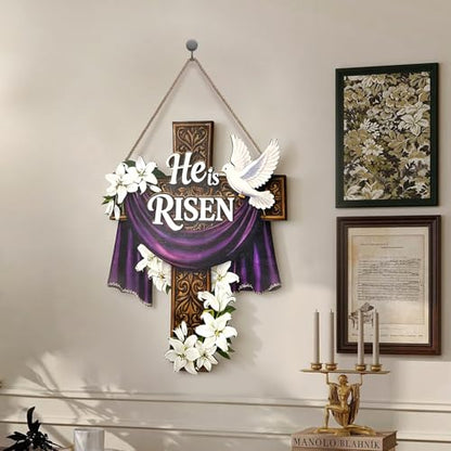 14.6 Inches Easter Door Sign He Is Risen Hanging Decor Religious Cross Sign Easter Wreaths for Front Door Christian Lily Flowers Lent Hanging Hanger for Farmhouse Front Porch