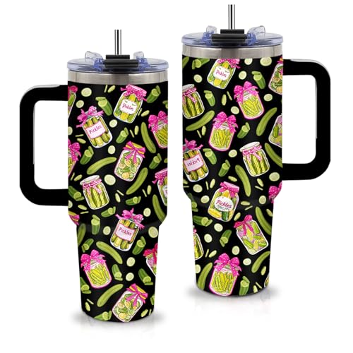Pickle Gifts, Funny Pickle Themed Tumbler 40oz with Handle and Straws - color: Black-Pickle
