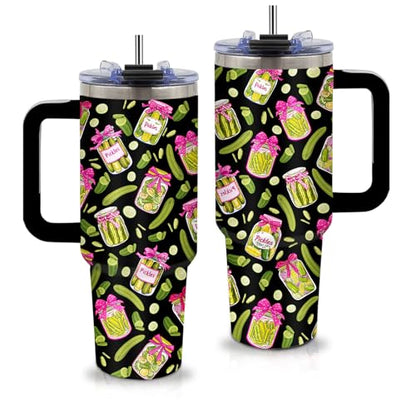 Pickle Gifts, Funny Pickle Themed Tumbler 40oz with Handle and Straws - color: Black-Pickle