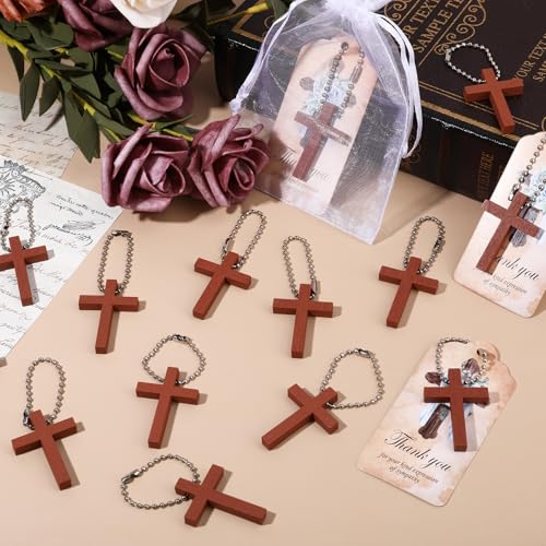 100 Sets Funeral Favors Wooden Cross Angel Keychain, Memorial Decorations for Celebration of Life Thank You Cards Organza Bags for Guest Baptism Religious Communion Family Friends Christian Gifts - style: Card 1