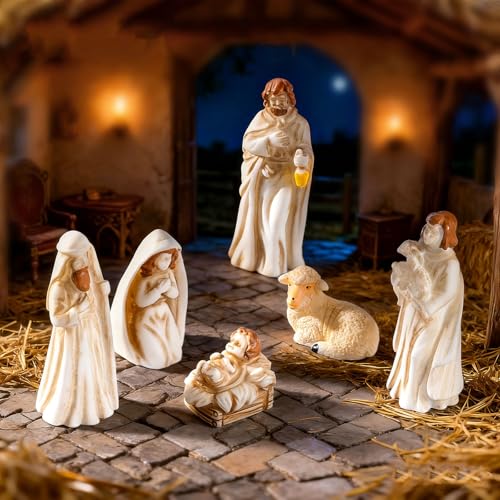 7Pcs Miniature Nativity Sets for Christmas Indoor Set, Classic Nativity Scene Resin Figurines Set, Nativity Tiny Figures Set for Religious Decorations Collection Gifts