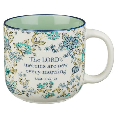 Christian Art Gifts Large Microwave & Dishwasher Safe Ceramic Coffee Mug - color: Mercies are New/Blue Floral, size: 14 Ounces