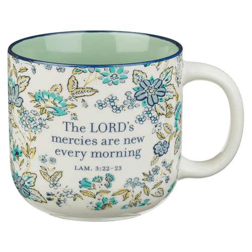 Christian Art Gifts Large Microwave & Dishwasher Safe Ceramic Coffee Mug - color: Mercies are New/Blue Floral, size: 14 Ounces