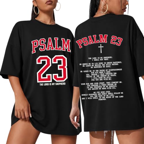 Tewmeu Christian Shirts for Women Oversized Psalm 23 Faith Bible Verse Tee - color: Black, size: Medium