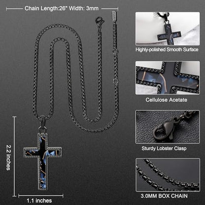 Wooden Cross Necklace for Men With Stainless steel And Black Ebony Adjustable Box Chain 24–26 inches Suitable for Everyday Wear And Christian Gifts for Men - color: Black-F