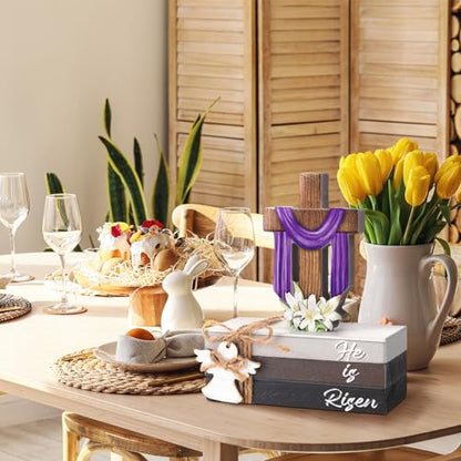 Bememo 5 Pcs Easter Decorations He is Risen Cross Wooden Sign Easter Tiered Tray Decor Christian Religious Decorative Faux Book Stack Block for Spring Home Table Fireplace Mantel Floating Shelf