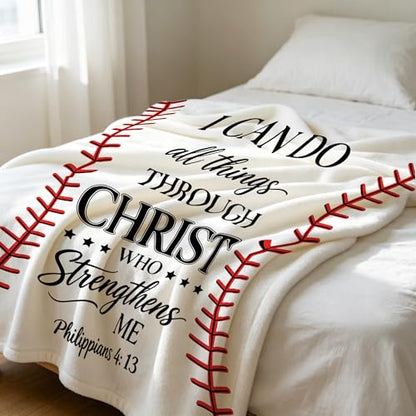 Christian Gifts for Men Boys, Christian Blanket, Religious Sports Gifts, 60"x50" Catholic Baptism Inspirational Bible Verse Baseball Blanket for Christmas Birthday - color: White