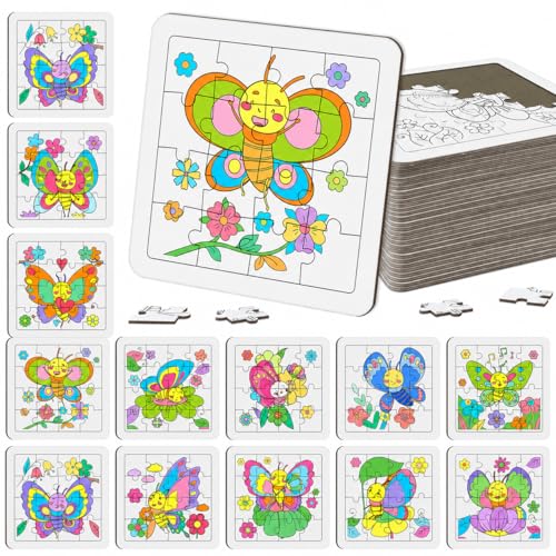 Cinrobiye 24 Pcs Butterfly Coloring Puzzle Craft Kit, DIY Butterfly Jigsaw Puzzles Bulk, 12 Designs Spring Arts Crafts Set, Butterfly Puzzle Party Favors, Creative DIY Party Supplies and Gifts - color: Butterfly