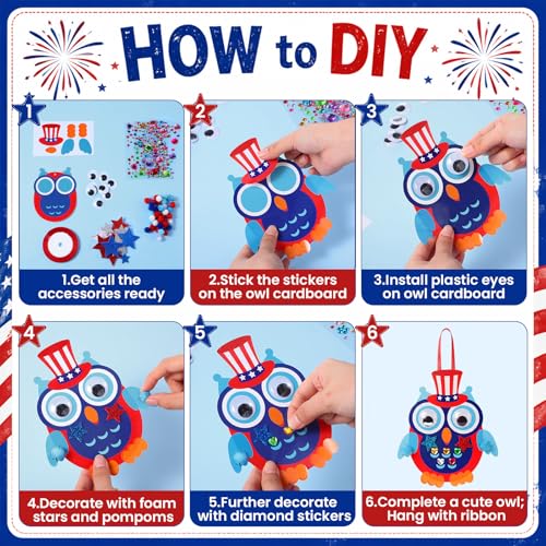 Funrous 48 Sets Patriotic Owl Crafts Bulk 4th of July Paper Crafts DIY - style: Patriotic Owl