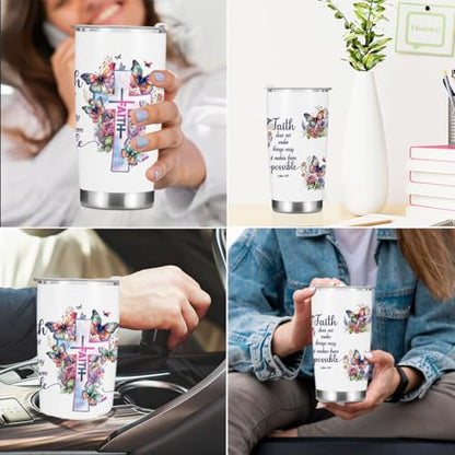 Christian Gifts for Women Tumbler, Inspirational Faith Religious Gifts for Women Girls Friends Birthday Christmas, Bible Verse Coffee Mug Stainless Steel Vacuum Insulated Travel Cup with Lid,20oz - color: Faith Butterfly 1216
