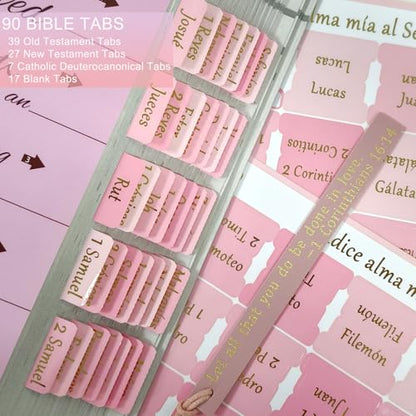 Vorscrin-Laminated Bible Tabs for Women and Men, Gold Foil Lettering Design, Reposition and Large Print Stickers, Bible Study Supplies, 90 Chapters Labels for Easy Navigation (Spanish Pink) - color: Spanish Pink