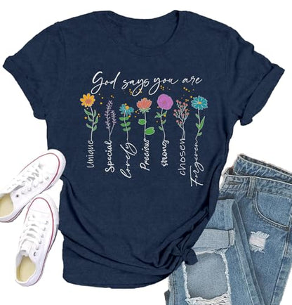 Womens Christian Shirt Bible Verse T-Shirt Religious Gifts Florial Tee Tops - color: Blue, size: Small