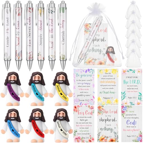 Cinnvoice 6 Set Christian Gifts Jesus Figures Bible Pens, Floral Style