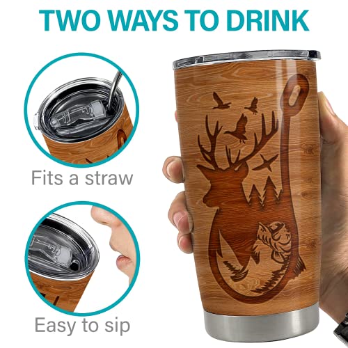 SANDJEST Personalized Hunting Tumbler Fishing and Hunting Love Wood Drawing 20oz 30oz Tumbler with Lid for Father Man Fishing Hunting Lover - color: Hunting