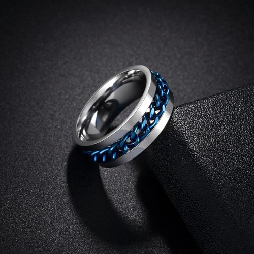 Mens Fidget Rings Anxiety Ring for Men 6mm 8mm Chain Spinner Ring Size 5-14 - color: Silver Blue