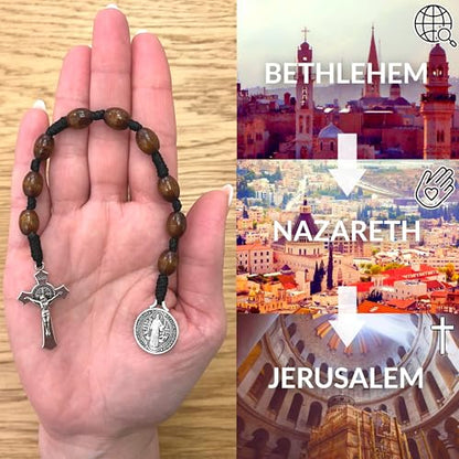 Pocket Rosary, Prayer Beads with Saints Medal and Cross/Crucifix - style: St Benedict, 9 Beads, Dark Brown Wood, Chaplet Chain