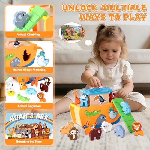 Hoarosall 27-Piece Wooden Noah's Ark Toy for 1-3 Year Olds Baptism Christmas Birthday Gift Bilingual Bible Story Montessori Shape Sorter Christian Educational Toy for Boys Girls - color: Orange
