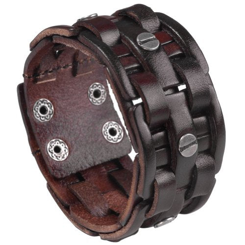 Zysta Cool Punk Rocker Wide Cuff Wristband Bracelet Mens Gothic Biker Braided Style Genuine Leather Bangle 8.5"-9" Adjustable Black/Brown - color: Brown