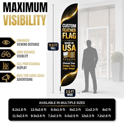 Custom Feather Flag by BCB Print, Personalized Swooper Flag with Photo, Text or Logo, 11.5x2.5 FT Single-Sided HD Print, Optional Add-On 15 FT Pole Kit & Ground Spike, Made in USA, Fast Delivery - color: Feather Flag +/– Ground Spike Kit