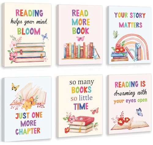HOURIA 6Pcs Framed Classroom Reading Corner Canvas Wall Art(8"x10"),Inspirational Classroom Library Poster Wall Decor, So Many Books So Little Time Art Print for Nursery Middle School Student - color: Reading Wall Art, size: 8X10inches