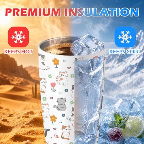 Hiboss Cat Tumbler with Handle and Flip Straw 28oz, Insulated Stainless Steel Cute Cats Travel Cup Mug, Christmas Birthday Gifts for Cat Lovers Kids Girls Teens Women - color: Cat