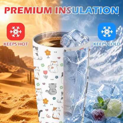Hiboss Cat Tumbler with Handle and Flip Straw 28oz, Insulated Stainless Steel Cute Cats Travel Cup Mug, Christmas Birthday Gifts for Cat Lovers Kids Girls Teens Women - color: Cat