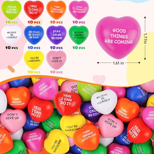 SHQDD Stress Balls, 100PCS Bulk Heart Stress Balls, Stress Balls for Adults & Kids, Motivational Quotes Soft Foam Stress Relief Squeeze Toys, Office Classroom Stress Relief Gifts, Perfect Party Favors