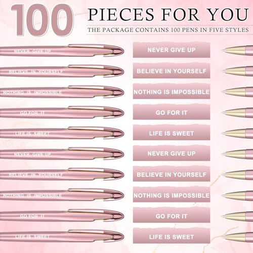 Lincia 100 Pcs Motivational Ballpoint Pens Bulk, Retractable, Black Ink - style: Motivational