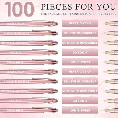 Lincia 100 Pcs Motivational Ballpoint Pens Bulk, Retractable, Black Ink - style: Motivational