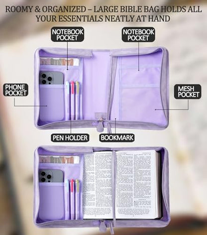 Vegan Leather Bible Cover Case, Bible Bag for Men Women, Gift Box Packaging - color: Purple